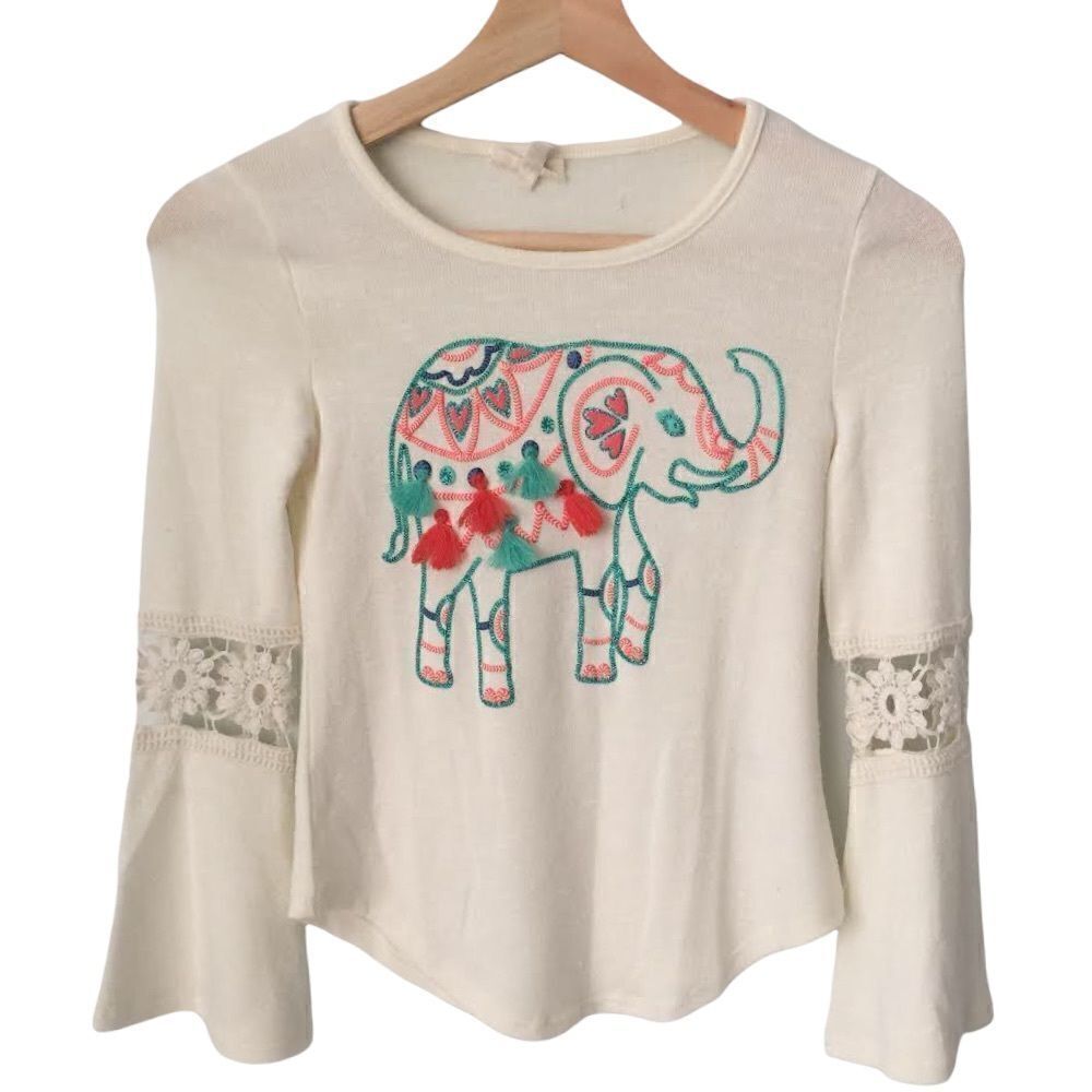 Self Esteem Boho Bell Sleeve with Embroidered Elephant Pattern Blouse in Size XS